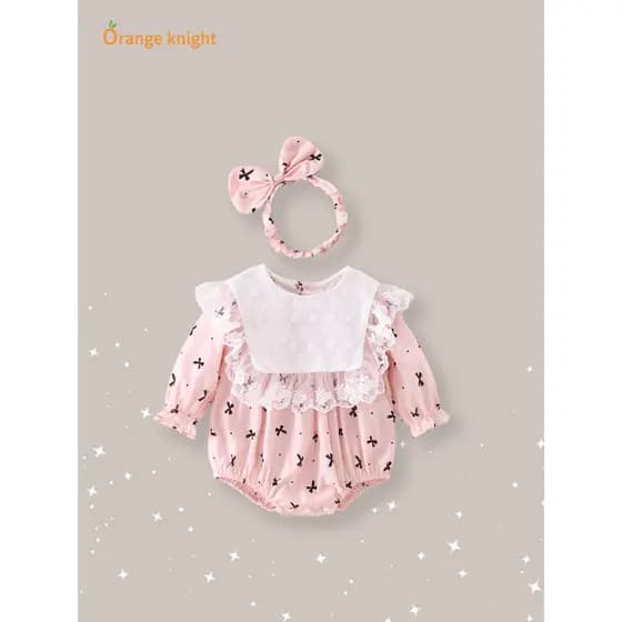 Feminino bebê primavera versão coreana roupas pequeno mês idade bebê estilo ocidental renda guarnição arco de manga comp
