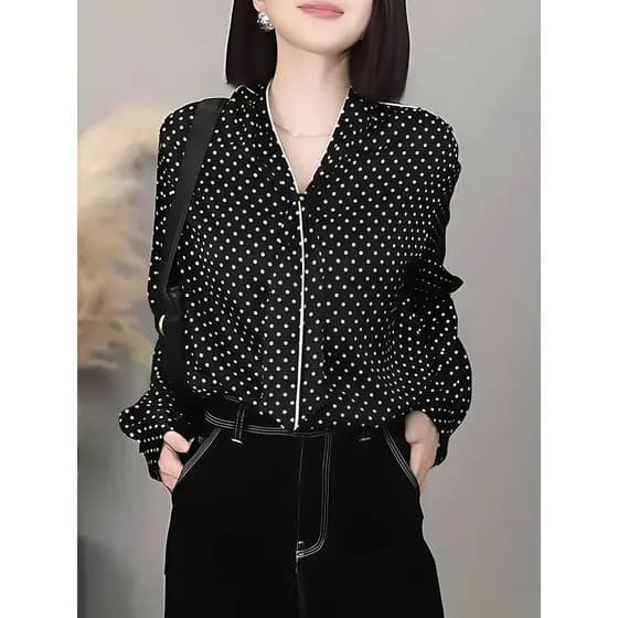 Luz de luxo High-End Design de moda sentimento preto bolinhas camisa de manga comprida feminina primavera novo estilo el