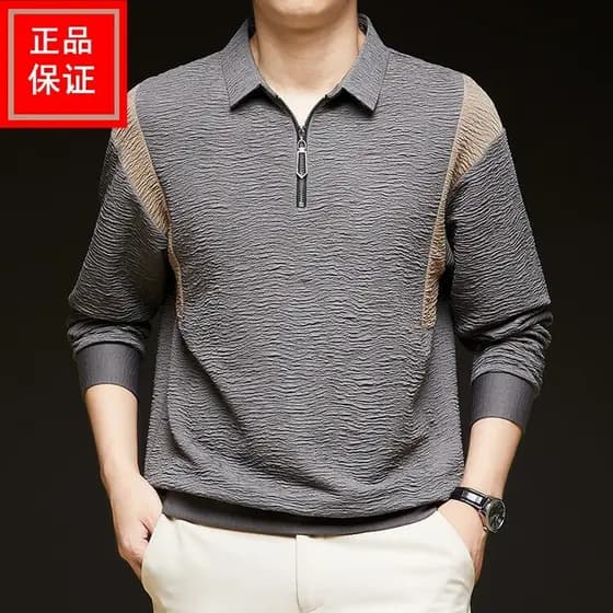 Meio zíper gola polo moletom masculino lapela camisa polo moda na moda solta alta textura elástica manga longa t camisa