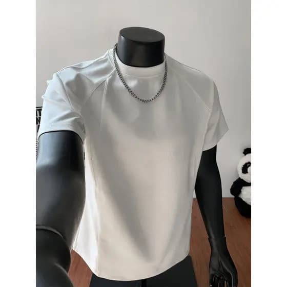 Ombro branco boxy curto camiseta masculina verão desconstrução americano pequeno decote de manga curta líquido amônia al