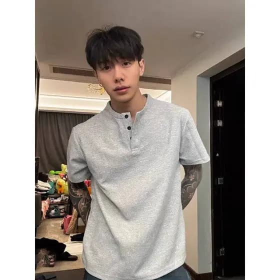 Camiseta masculina cinza americana Henry Collar manga curta verão pesado Waffle Top cleanfit Slim fit Formal de ombro