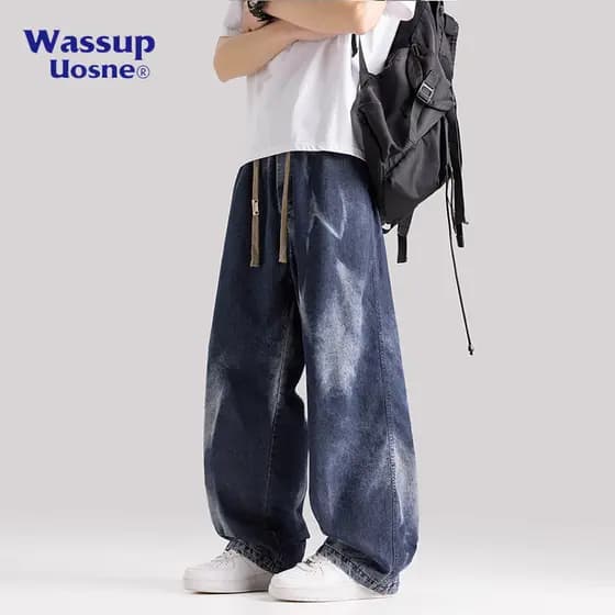 WASSUP American High Street Tie-Dye Jeans Homens Primavera Verão Estilo Fino Solto Reto Calças de Perna Larga Juventude