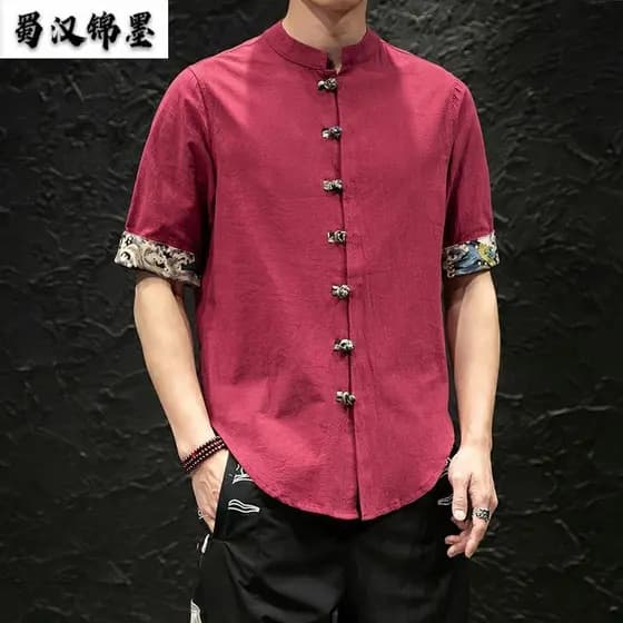 Verão estilo chinês masculino algodão linho camisa de manga curta estilo chinês gola alta abotoado Tang terno masculino