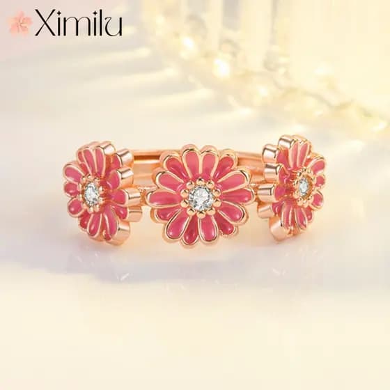 ❤ Original venda quente rosa banhado a ouro três rosa margarida anel feminino criativo pétala moda jóias