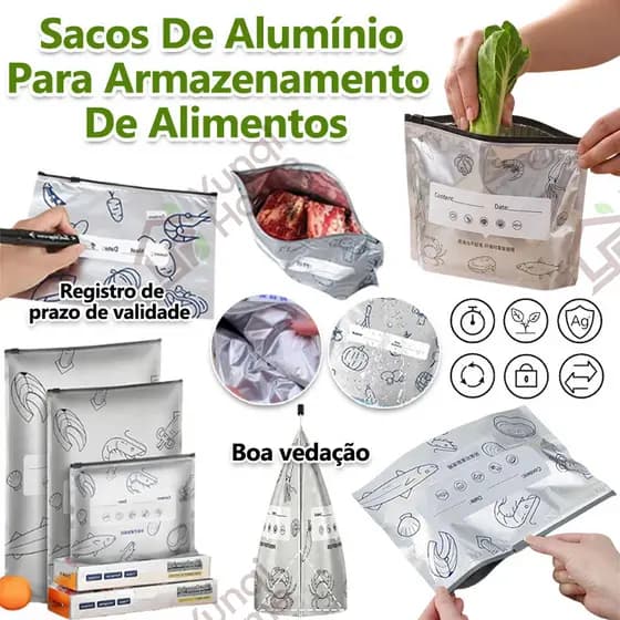 Sacos De Alumínio Reutilizáveis e Com Fecho Hermético Para Conservação De Alimentos E Armazenamento Na Geladeira