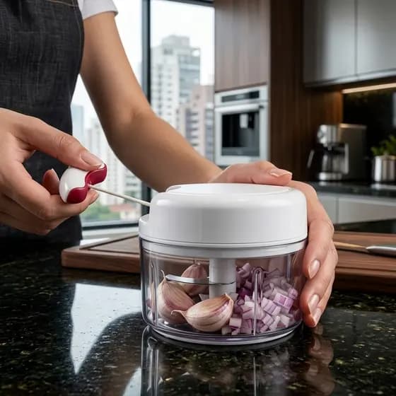 Mini Processador de Alimentos Manual Triturador com 2 Lâminas Aço Inox