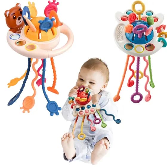 Brinquedo Bebê Montessori Mordedor Sensorial Silicone Atividade Cognitiva Chocalho Puxar Corda