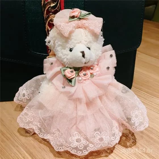Chaveiro de urso grande com vestido de noiva, pingente de bolsa, chaveiro de carro feminino, brinquedo de pelúcia.