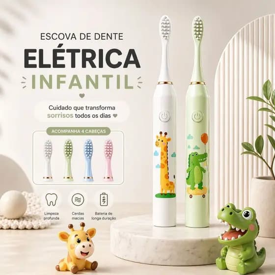 Escova de Dente Elétrica Infantil Sônica Recarregável USB+4 Cabeças Cerdas Macias à Prova D’água