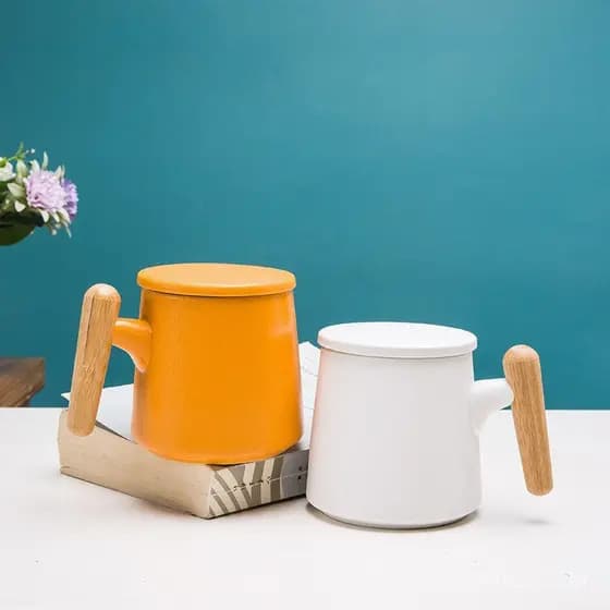 Caneca de cerâmica com alça de madeira e tampa, xícara de café, copo criativo para água, presente corporativo cultural e