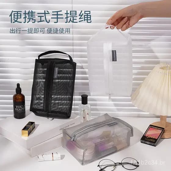 Bolsa de armazenamento em malha de nylon simples para mulheres, bolsa de higiene pessoal portátil, bolsa de armazenament