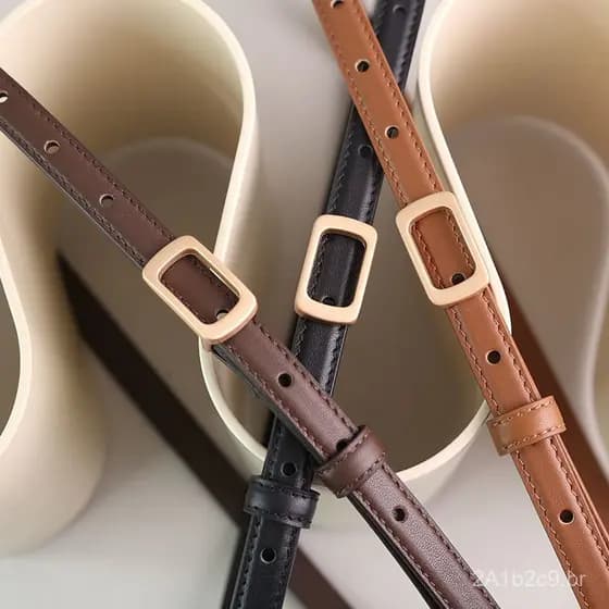 Cinto Feminino Fino de Couro Genuíno com Fivela Quadrada e Amarração Vintage, Coleção Primavera/Verão 2023, Atacado