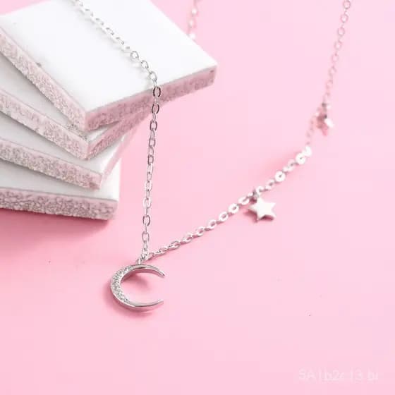 Colar de prata 925 para mulheres, estilo coreano, delicado e fofo, com pingentes de estrela e lua, corrente curta para c