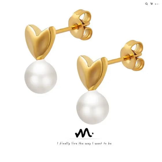 Brincos Vintage em Forma de Coração com Pérolas de Imitação, Banhados a Ouro 18K em Aço Titânio, Design Exclusivo, Estil