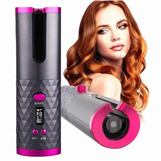 Modelador de Cabelo Automático Sem Fio Portátil com Display de Temperatura, Aquecimento Rápido, Rotação Automática, Cili