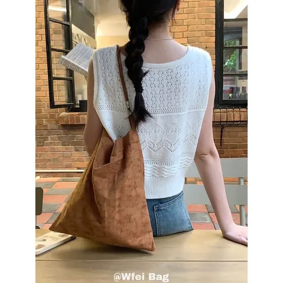 Wfei Retro marrom algodão linho Jacquard tecido alça de ombro axilas saco All-Match nicho bolsa de ombro elegante