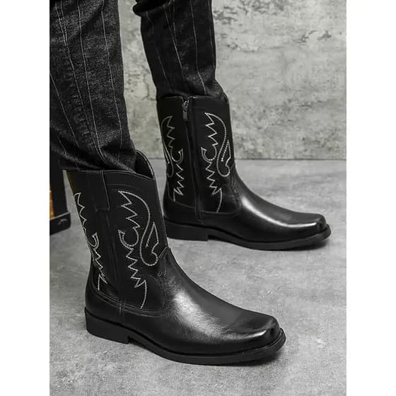 Botas masculinas com zíper lateral retrô ocidental botas de Cowboy botas de equitação bordadas de couro genuíno botas de