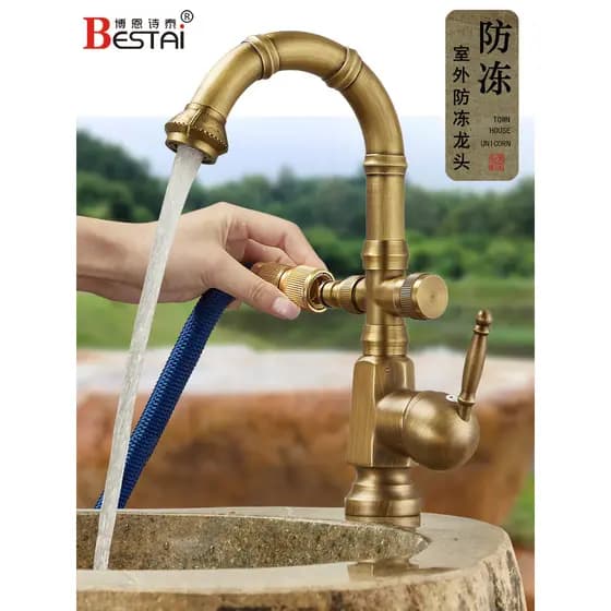 Torneira externa antiga anticongelante rachaduras pátio único frio todo lavatório de cobre bacia de mármore jardim torne