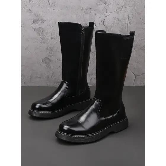 Botas Martin masculinas de cano alto com zíper, bico redondo, botas longas de couro, botas de equitação, levantamento de