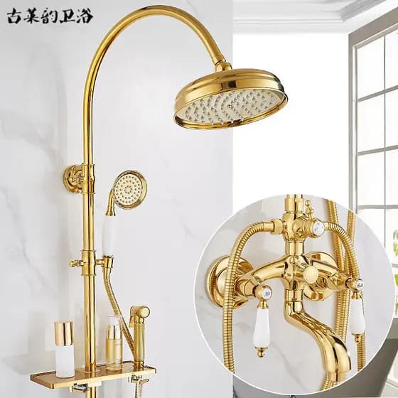 Luz de bronze luxo francês dourado chuveiro conjunto fixado na parede elevador alça dupla antigo europeu torneira Retro