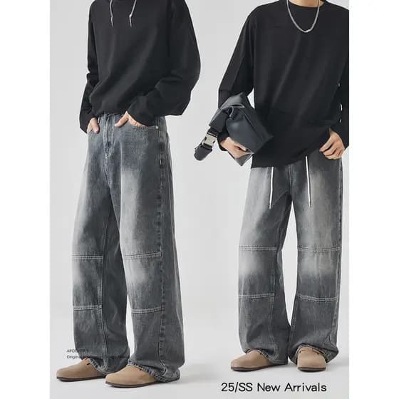 Street Wear americano High street Retro lavado Jeans masculino na moda macacão rufião bonito solto em linha reta rendas