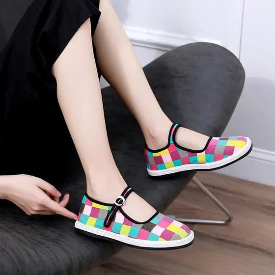 Cor xadrez pano sapatos femininos estudantes doce uma palavra fivela cinta Melaleuca sola confortável sapatos femininos