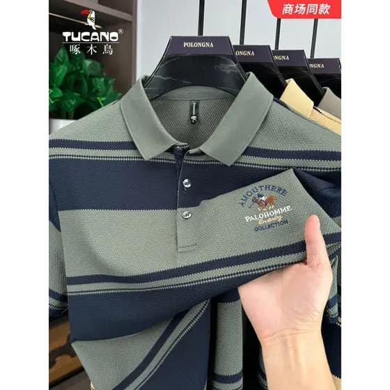 Woodpecker High-End bordado camiseta de manga curta verão Casual solto camisa POLO masculina listrada