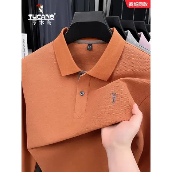 Woodpecker camisa POLO masculina de manga comprida primavera outono novo estilo puro algodão bordado lapela topo de meia