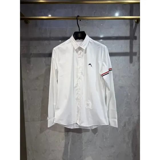 Bens europeus Street Wear camisa bordada masculina de manga comprida moda fita juventude negócios Casual camisa branca 2