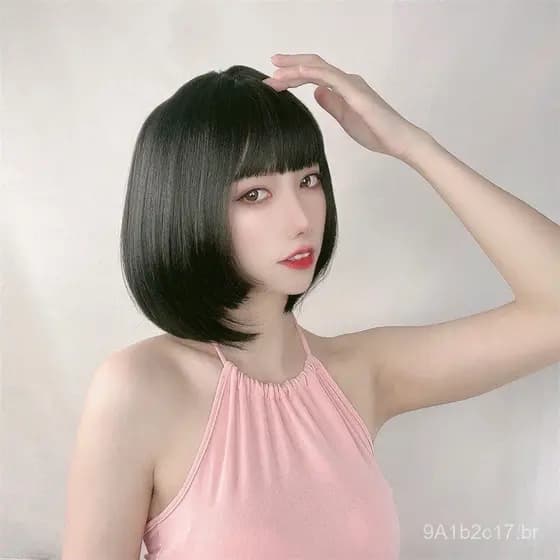 Peruca curta feminina com franja princesa, corte bobo, estilo Lolita, cabelo curto e liso, fofa para rostos redondos, pe