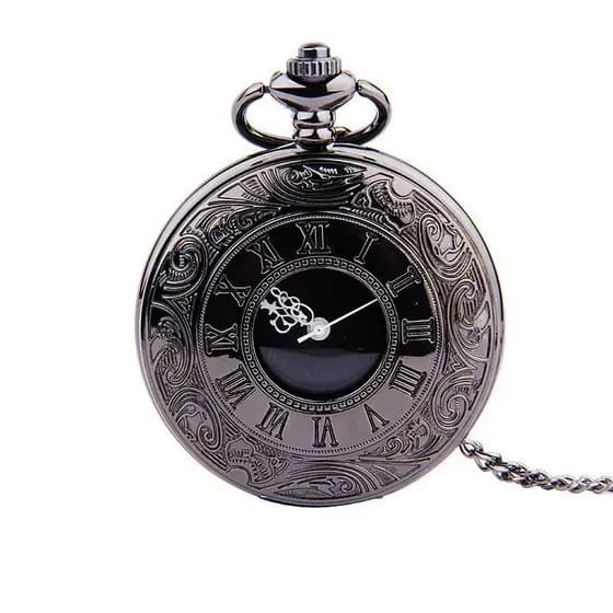 Relógio de bolso elegante, grande, preto, com duplo visor, numerais romanos, mostrador preto vintage e ponteiros brancos