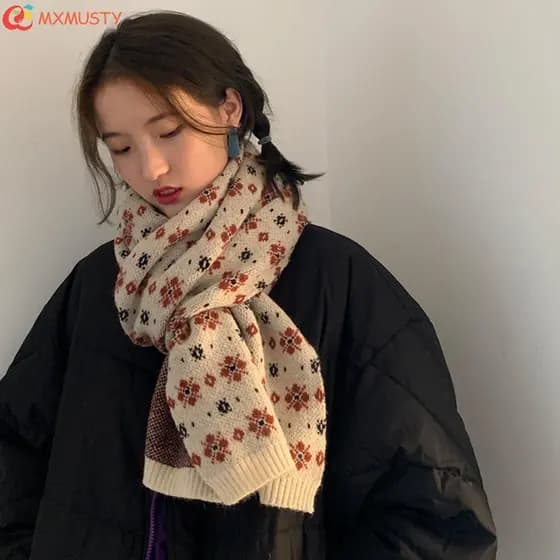 MXMUSTY Cachecol Feminino Grosso Moda Lã Sintética Padrão Floral Suéter Tops Quente Estudante Outono Inverno Xale