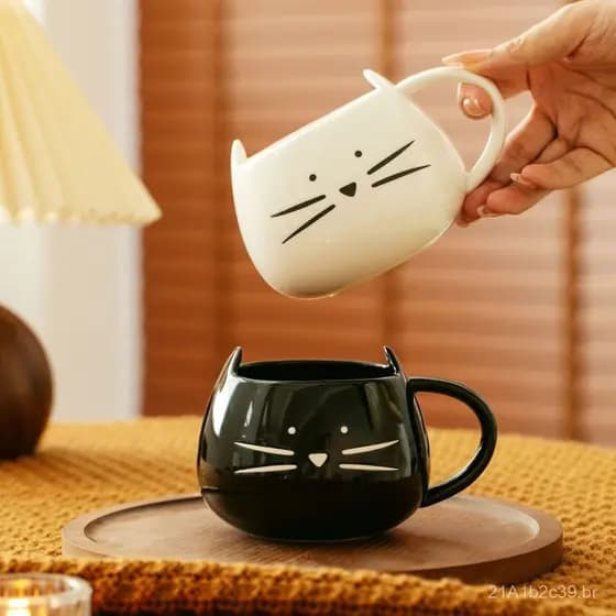 Caneca de Cerâmica de Gato Fofo, Caneca de Desenho Animado, Par de Canecas de Gato Preto e Branco, Caneca Doméstica para