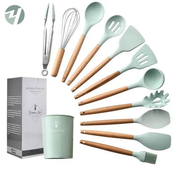 Conjunto de Utensílios de Cozinha de Silicone Verde Água com Cabo de Madeira, 11 Peças, Espátula Antiaderente, Conjunto