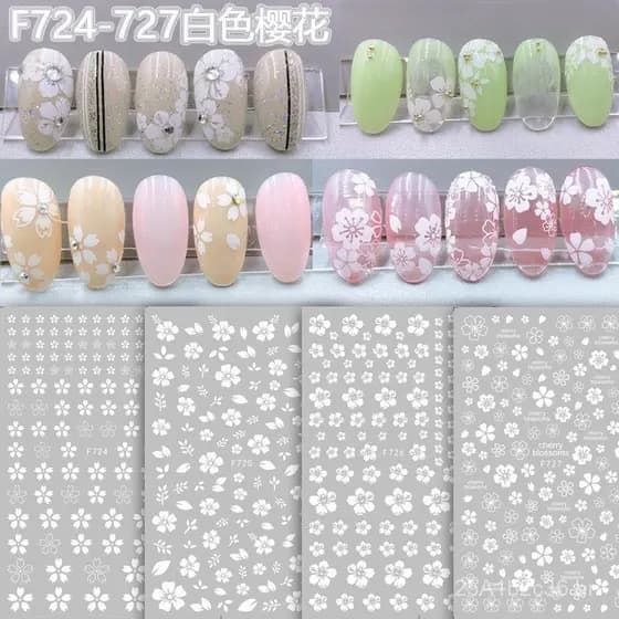 Novos adesivos de unhas com flores de cerejeira da moda, adesivos de unhas com flores brancas, adesivos de unhas com fol