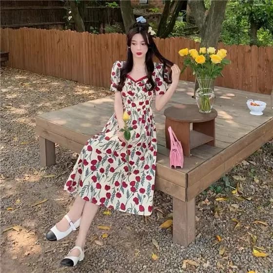 Vestido estampado rosa versão coreana cintura alta Puff manga curta comprimento médio saia evasê