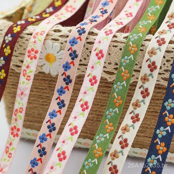 Fita bordada floral étnica bicolor de 1cm para acessórios de cabelo feitos à mão, elásticos de cabelo, presilhas, laços,