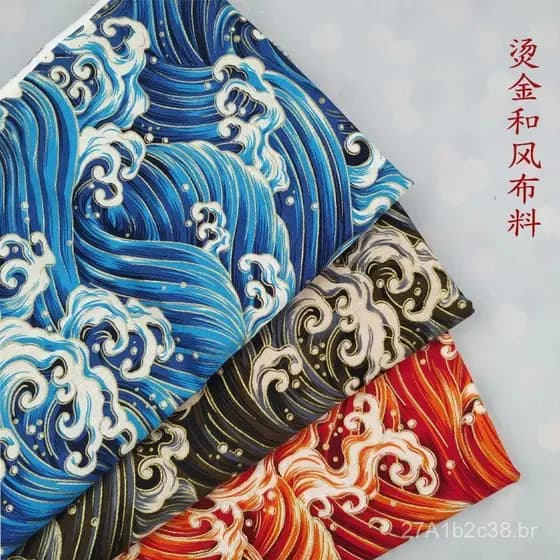 Tecido de puro algodão com estampas douradas em estilo japonês e padrões de ondas, tecido para Hanfu, quimono, cheongsam