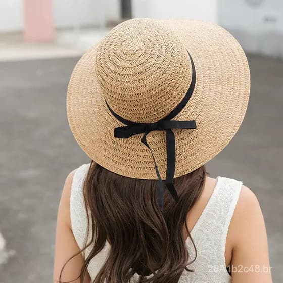 Novo chapéu de palha feminino de verão estilo coreano, com aba larga e proteção solar, versátil para férias à beira-mar