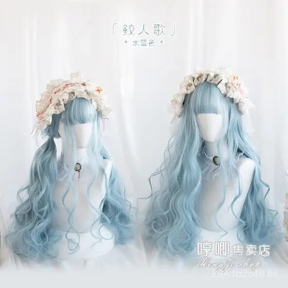 Peruca Lolita de cabelo longo e cacheado para atacado, estilo "Mermaid Song" em azul aqua com duas tranças, peruca femin
