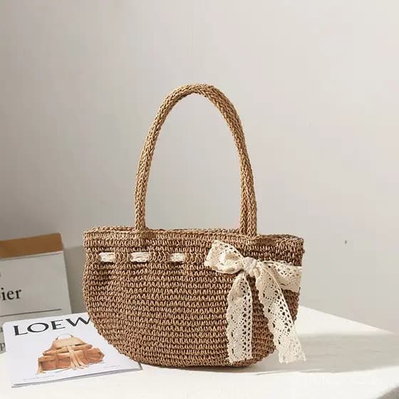 Bolsa Trançada com Laço 2024 Nova Bolsa de Palha Trançada Feita à Mão para Férias na Praia Bolsa Feminina