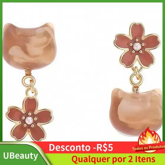 Brincos de Gato para Mulheres, Brincos Pendentes de Flor Banhados a Ouro 14K com Detalhes em Resina, Joias de Liga Metál