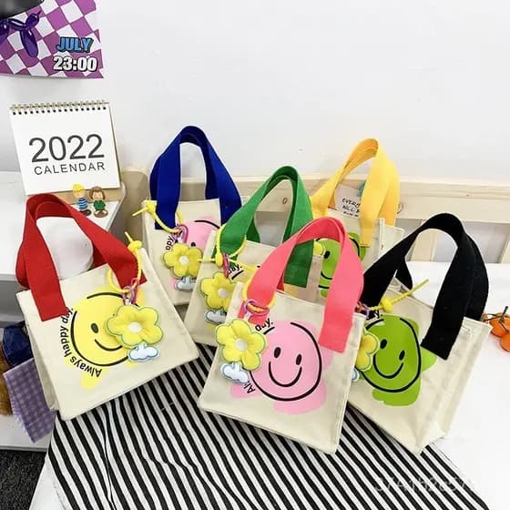 Bolsa de Lona Infantil com Estampa de Rosto Sorridente, Novo Estilo Coreano, Estampa de Grafite em Blocos de Cor, Bolsa