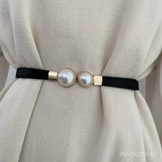Cinto decorativo com fivela de pérola de novo estilo para mulheres, fino, simples, versátil, moderno, adequado para suét