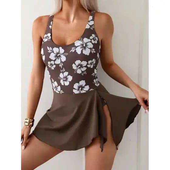 Maiô com saia Floral marrom de uma peça