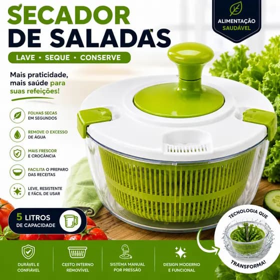 Secador De Saladas Manual Grande 5 Litros Escorredor Centrífuga Verduras Cozinha Prática