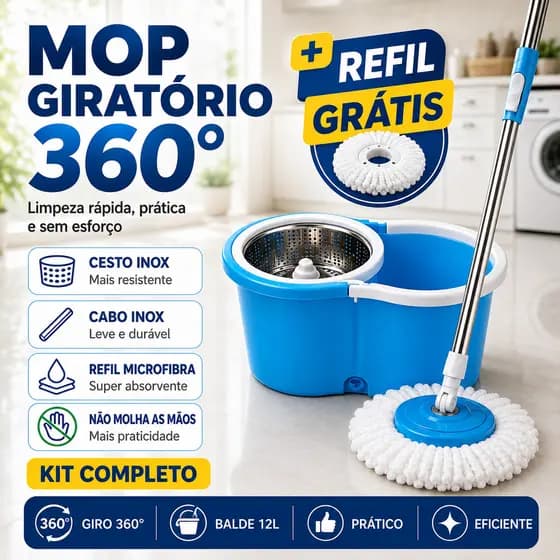 Mop Giratório 360 Com Centrífuga Balde 12L Cesto Inox Cabo Inox 2 Refis Para Todos Os Pisos