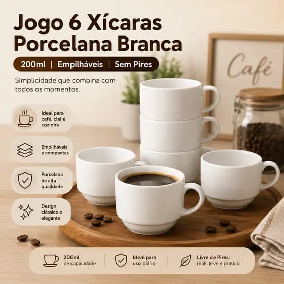 Jogo Xícaras Hotel Empilháveis 6 Peças Porcelana Branca Café Chá Restaurante Cozinha