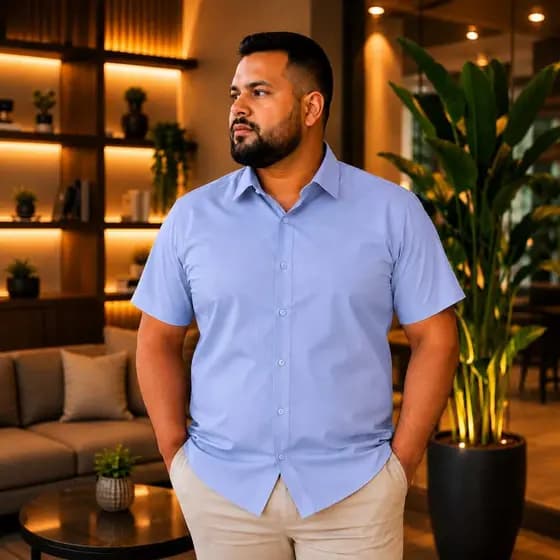 Camisa Social Masculina Plus Size Manga Curta Passa Fácil