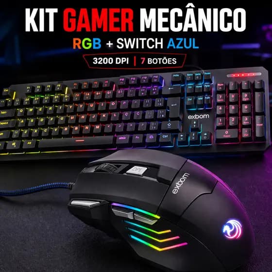 Kit Teclado Gamer Mecânico RGB Switch Azul Anti Ghosting + Mouse Gamer 3200 DPI 7 Botões Exbom